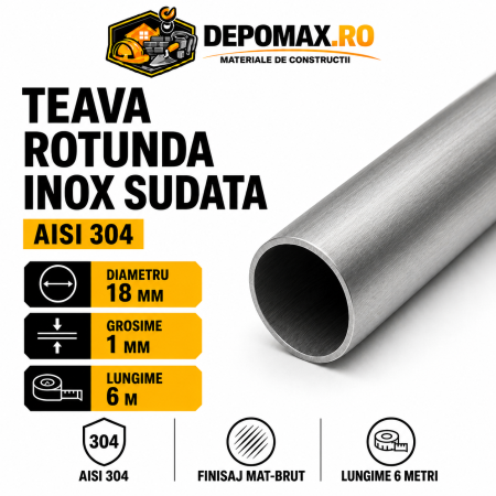 Teava rotunda inox sudata AISI 304, 18 x 1 mm, 6 metri